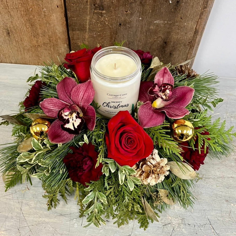 Christmas Candle Centrepiece ~ Orchids &amp; Roses